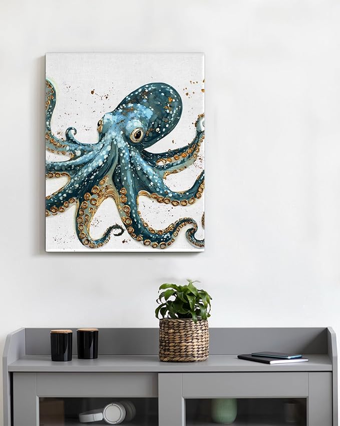 Nautical Octopus Canvas Wall Art Octopus Ocean Theme Print Poster Coastal Framed Picture Painting for Home Beach House Bedroom Wall Decor 8x10 Inch-Ruum Studio Home