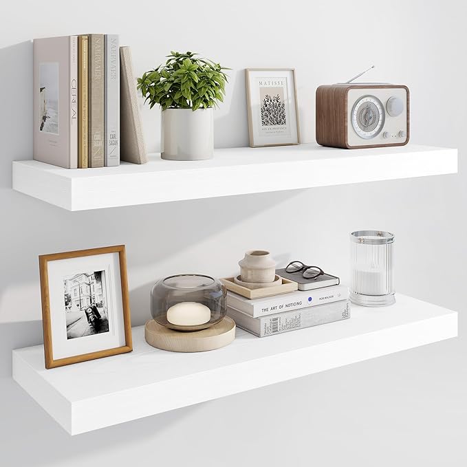 Marsmiles 30" Floating Shelves for Wall, Wooden Shelves with Invisible Brackets Set of 2, Rustic Farmhouse Wall Mounted Shelf for Kitchen Bathroom Living Room Study, White-Ruum Studio Home