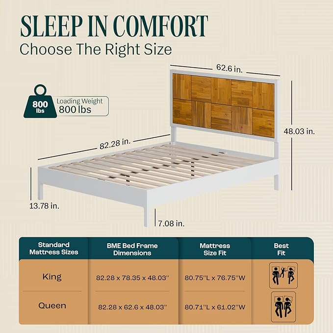 Bme Madia Bed Frame, Mid Century Queen Bed Frame and Headboard with Unique & Trendy Fluted Pattern, 800lbs Capacity Platform Bed Frame, Solid Acacia Wood Slat Support, Easy Assembly White Bed Frame-Ruum Studio Home