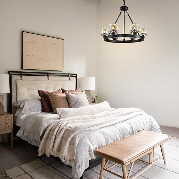 Black Wagon Wheel Chandelier, 24 Inch Black Chandeliers with Unique Glass Shade, 6-Light Crystal Farmhouse Wagon Wheel Chandeliers for Dining Room, Round Chandelier for Living Room, Foyer, Entryway-Ruum Studio Home