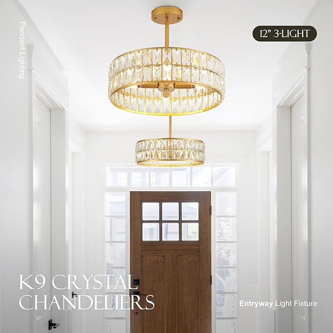 16” 4-Light Modern Crystal Chandeliers Gold Dinning Room Light Fixture, Round Pendant Light Kitchen Island Chandelier, Flush Mount Ceiling Light for Living Room Entryway Bedroom Foyer-Ruum Studio Home