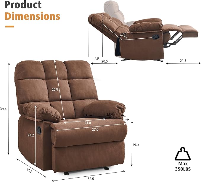 Rocker Recliner Chair, Overstuffed Manual Rocking Recliner for Adults, Upholstered Comfy Soft Fabric Living Room Reclining Sofa Chair (Brown Fabric)-Ruum Studio Home