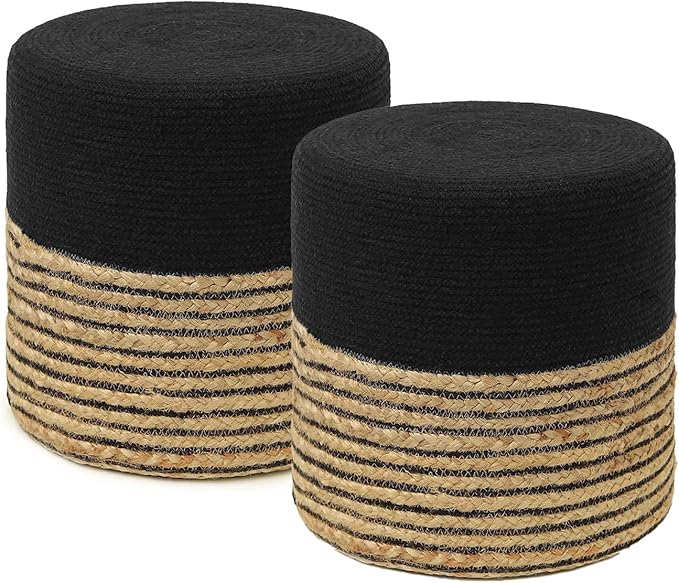 REDEARTH · Cylindrical Pouf Ottoman - Braided Pouffe Accent Sitting Round Footrest for Living Room, Bedroom, Nursery, kidsroom, Patio ; 70% Cotton 30% Jute, Set of 2 (14.5x14.5x16; Black Natural)-Ruum Studio Home