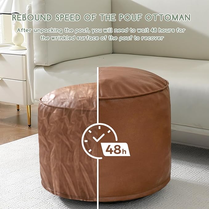 HIGOGOGO Round Stuffed Pouf Ottoman, Pu Leather Poufs with Foam Chunk Filling, Furry and Fluffy Pouf Foot Stool Storage Ottoman, 20 X 15 Floor Poufs Foot Rest for Living Room,Brown-Ruum Studio Home