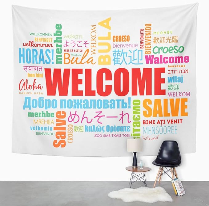 TOMPOP Tapestry World Welcome Word Cloud in Different Languages Conceptual Multilingual Home Decor Wall Hanging for Living Room Bedroom Dorm 50x60 Inches-Ruum Studio Home