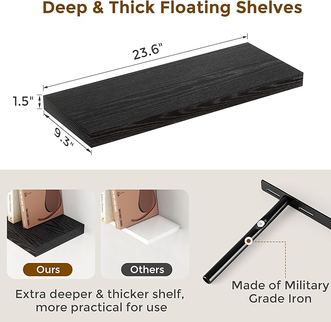 24 Inch Floating Shelves, Rustic 24 x 9 Black Floating Shelf for Wall, Black Bathroom Shelf Set of 2, Farmhouse Wood Wall Shelves for Bedroom, Kitchen, 9 Inch Deep Shelves for Home Storage-Ruum Studio Home