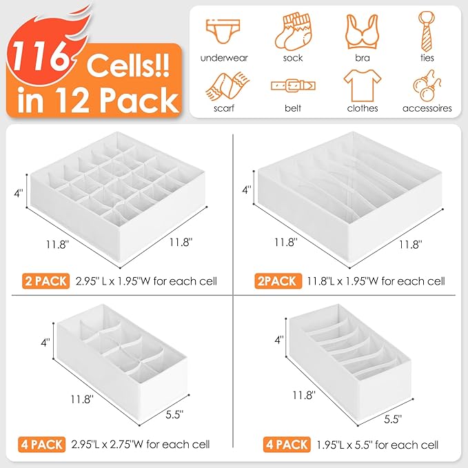 12 Pack Drawer Organizers for Clothing, 116 Large Compartments Fabric Dresser Closet Organizers and Storage Bins for Baby Clothing, Women Men Underwear Socks, Bra, Ties, College Dorm Room Essentials-Ruum Studio Home