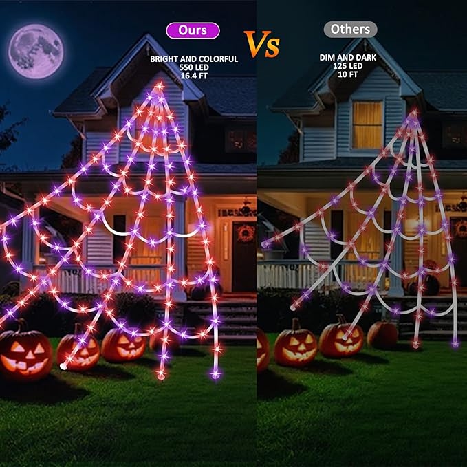 Halloween Spider Web Lights 550 LED Lighted Spider Web 16.4Ft Giant Halloween Decorations Light up with 8 Lighting Modes Waterproof & Timer for Indoor Outdoor House Haunted Yard Decor, Orange & Purple-Ruum Studio Home