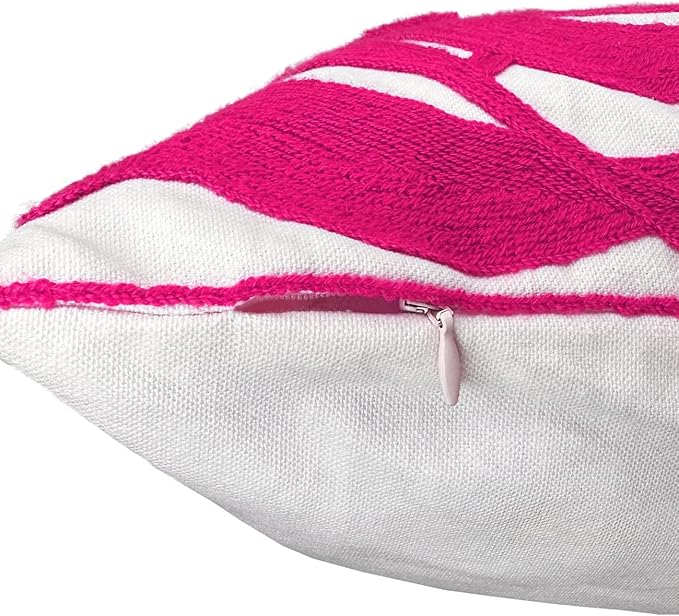 Alysheer Farmhouse Floral Leaves Embroidered Decorative Throw Pillow Cover 18x18 inches, Boho Tufted Flowers Embroidery Pattern Chic Cotton Cushion Case for Couch Bed Sofa Living Room(Bright Hot Pink)-Ruum Studio Home