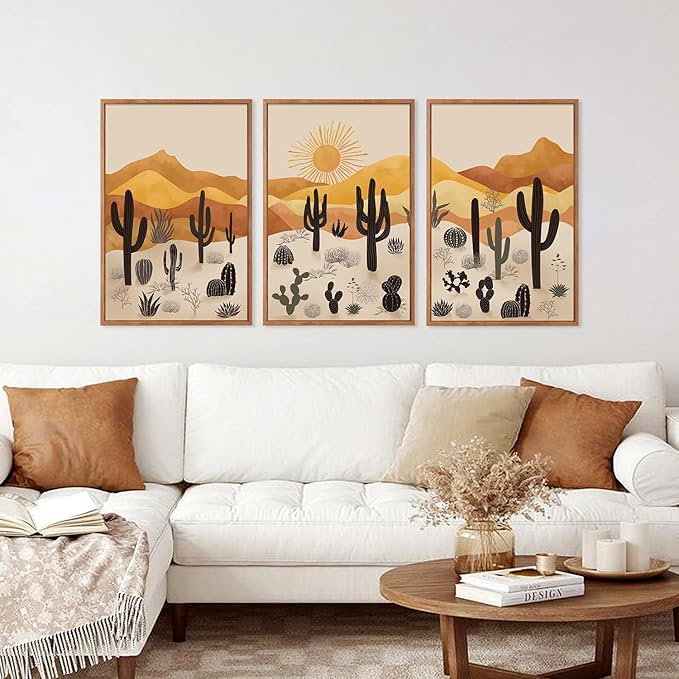 KAIRNE Cactus Canvas Wall Art,Desert Landscape Paintings,Aesthetic Abstract Prints Set of 3(16”X24”),Minimalist Farmhouse Wall Decor,Abstract Boho Artwork for Living Room Bedroom Office Decoration-Ruum Studio Home