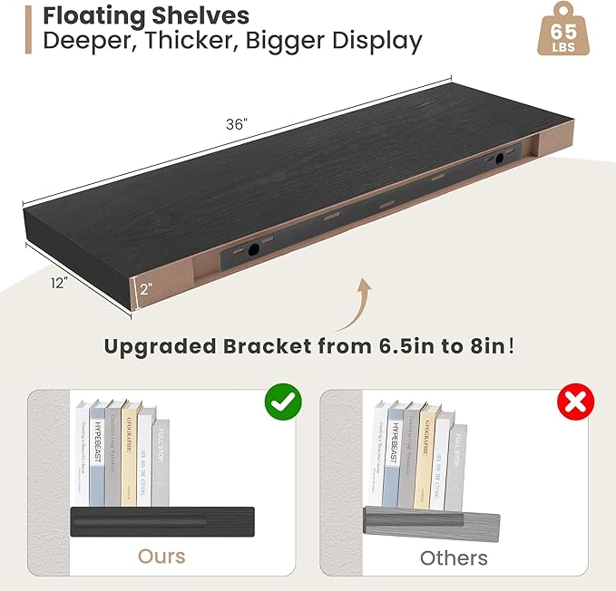Heimlove 12" Deep Floating Shelves, 36 x 12 Inch Wall Mounted Long Floating Shelf with Invisible Brackets, for Home Decor, Bedroom, Kitchen, Living Room, Bathroom - 2 Pack, Black-Ruum Studio Home