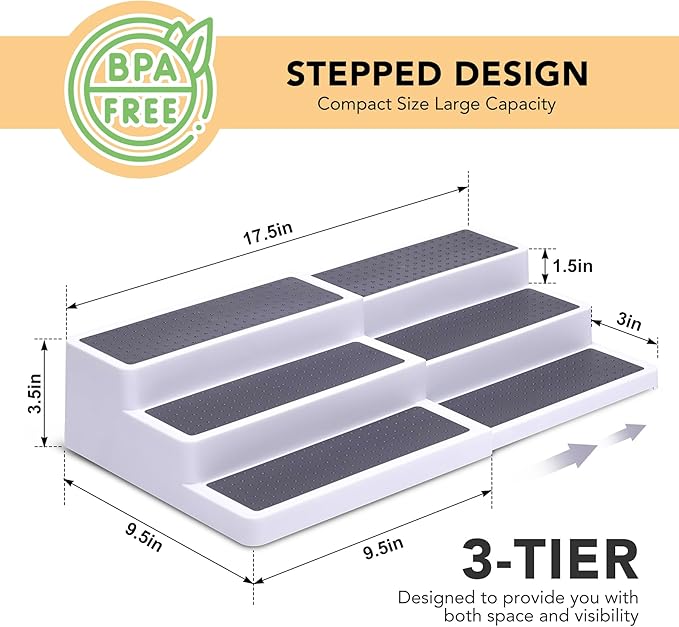 3-Tier Expandable Spice Rack, Plastic Spice Rack Organizer for Cabinet, Adjustable Length, Non-Skid Spice Shelf Organizer for Kitchen Cabinet, Countertop or Pantry, 2 Pack, White/Grey-Ruum Studio Home
