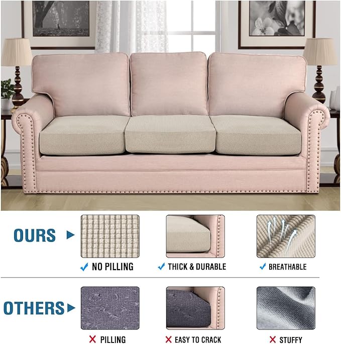 H.VERSAILTEX Super Stretch Individual Seat Cushion Covers - Sofa & Couch Cushion Slipcover Sets - Thick Jacquard Textured Twill Fabric (3 Piece, Island Fossi)-Ruum Studio Home