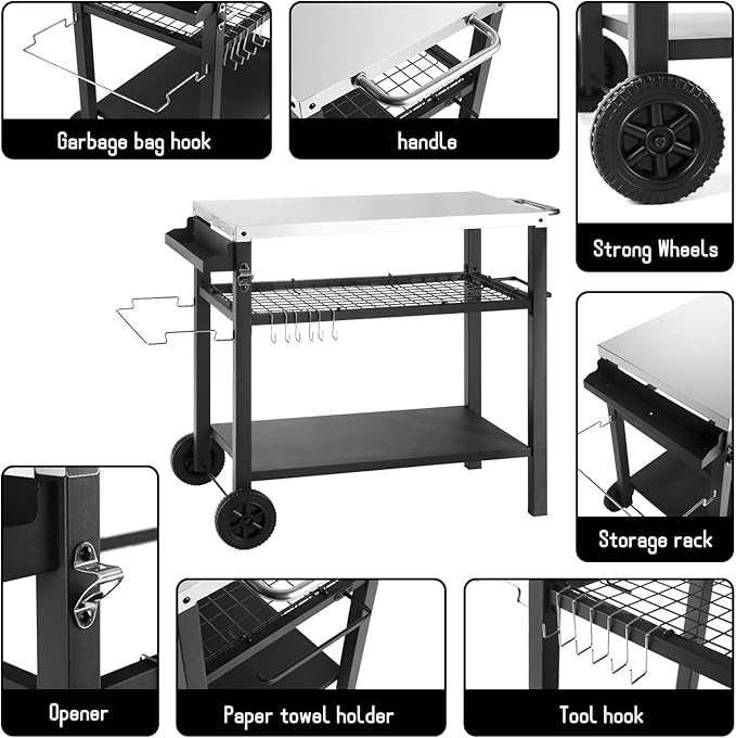 Dining Cart Table with Three Shelf, Movable Outdoor BBQ Grill Table Pizza Oven Stand with Three Hooks, Kitchen Cart Island Multifunctional Food Prep Table for Inside and Outside (Sliver)-Ruum Studio Home