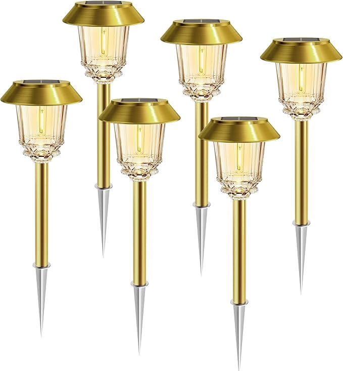 Solar Lights Outdoor Waterproof,6 Pack Gold Solar Pathway Lights with 10-40 LM Dimmable Glass and Metal, Solar Powered Garden Fall Decor for Yard,Patio,Pathway,Driveway(Warm White)-Ruum Studio Home