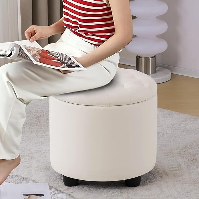 Furniliving Upholstered Button Tufted Round Ottoman, PU Storage Ottoman Round, Removable Lid Convenient Footstools, Classic Ottoman with Storage for Vanity, Nursery Room，IvoryWhite-Ruum Studio Home