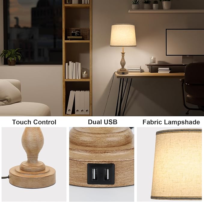 Touch Lamps for Bedrooms Set of 2, Farmhouse Table Lamp with Dual USB Charging Ports, 3 Way Dimmable Nightstand Lamps with Linen Fabric Lampshade for Bedroom (Pack 2-Beige Shade & Antique Brown)-Ruum Studio Home