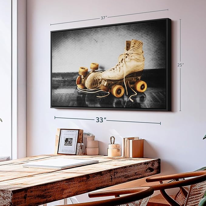 ElephantStock Vintage Skates Pop Wall Art - Horizontal Framed Canvas - 1-Piece Living Room Wall Decor - Sport Photography Canvas Print - Beige and Black Decor for Wall - 37" X 25"-Ruum Studio Home