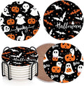 Coaster for Drinks Set of 6, Halloween Ghost Pumpkins Bats Holiday Black Absorbent Round Ceramic Stone Mat, with Cork Base and Metal Holder, Gift for Housewarming Room Bar Decor-Ruum Studio Home