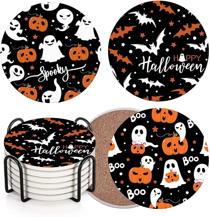 Coaster for Drinks Set of 6, Halloween Ghost Pumpkins Bats Holiday Black Absorbent Round Ceramic Stone Mat, with Cork Base and Metal Holder, Gift for Housewarming Room Bar Decor-Ruum Studio Home