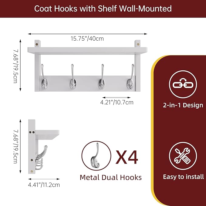 2 Pack Coat Rack Wall Mount, Bamboo Coat Hook with Storage Shelf, Coat Hanger with 8 Dual Hooks, Wall Floating Shelf for Entryway Hallway Kitchen, Bathroom, Bedroom (White+Slive)-Ruum Studio Home