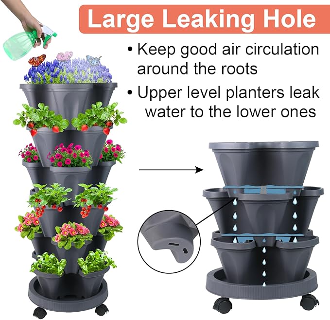 Vertical Planter, 6 Tier Stackable Strawberry Planter with Garden Tool Set, Movable Indoor/Outdoor Garden Herb Pot for Growing Vegetables and Succulents, Dark Gray-Ruum Studio Home