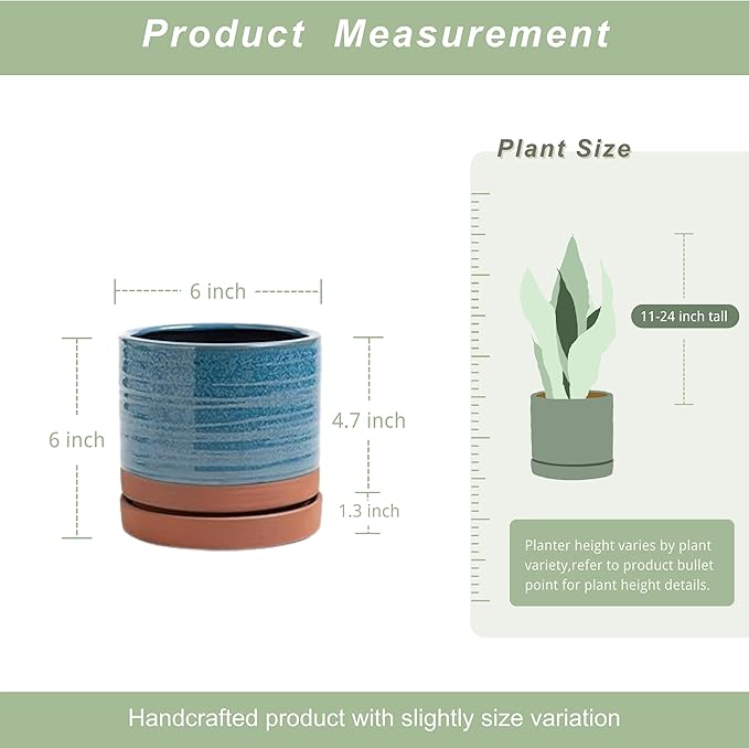 6 Inch Plant Pots, Ceramic Planter Pot with Drainage Hole & Saucer, Indoor/Outdoor Cylinder Round Planter Pot, Aqua Blue & Terracotta Red-Ruum Studio Home