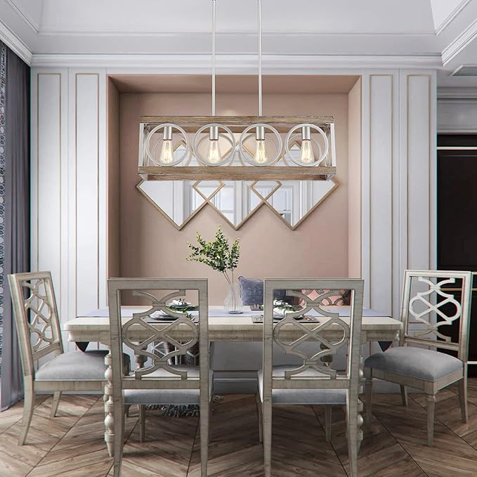 XINGQI Farmhouse Dining Room Chandeliers, Rectangle Vintage Hanging Lighting Fixtures, 4-Light Kitchen Island Lighting, Rustic Metal Chandelier Pendant Light, Antique Wood Grain XY082-Ruum Studio Home