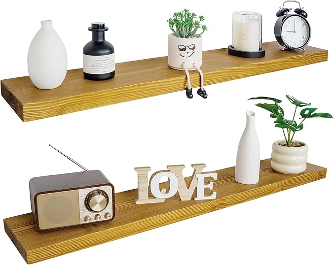 BGMG Wood Floating Shelves 48 inch Set of 2, Rustic Wooden Wall Mount Shelves for Living Room Bedroom Kitchen Farmhouse-48x6.7x1.25 inch- Gold Oak-Ruum Studio Home