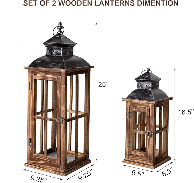 Large Farmhouse Decorative Wooden Lanterns Set of 2, Rustic Burnt Wood Floor Lanterns, Indoor/Outdoor Hurricane Lanterns for Home Decor (No Glass)-Ruum Studio Home