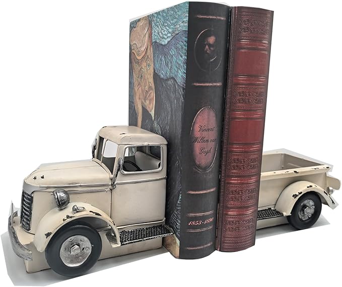 Decorative Book Ends Vintage Bookends: Metal Truck Book Stopper for Heavy Books - Farmhouse Decor for Shelf Table Coffee Bar Office Home - Gift for Adults Men Teen (Vintage White)-Ruum Studio Home