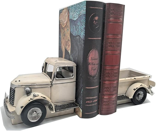 Decorative Book Ends Vintage Bookends: Metal Truck Book Stopper for Heavy Books - Farmhouse Decor for Shelf Table Coffee Bar Office Home - Gift for Adults Men Teen (Vintage White)-Ruum Studio Home