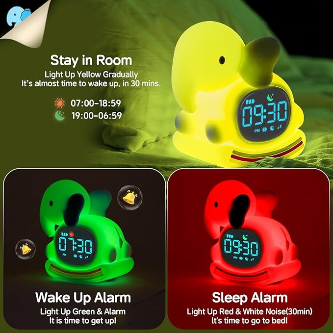 Alarm Clock for Kids with Night Light, Sleep Training Clock Time to Wake Clock, Rechargeable Silicone Light for Bedroom, Perfect Sleep Companion for Boys Girls，Blue Elephant-Ruum Studio Home