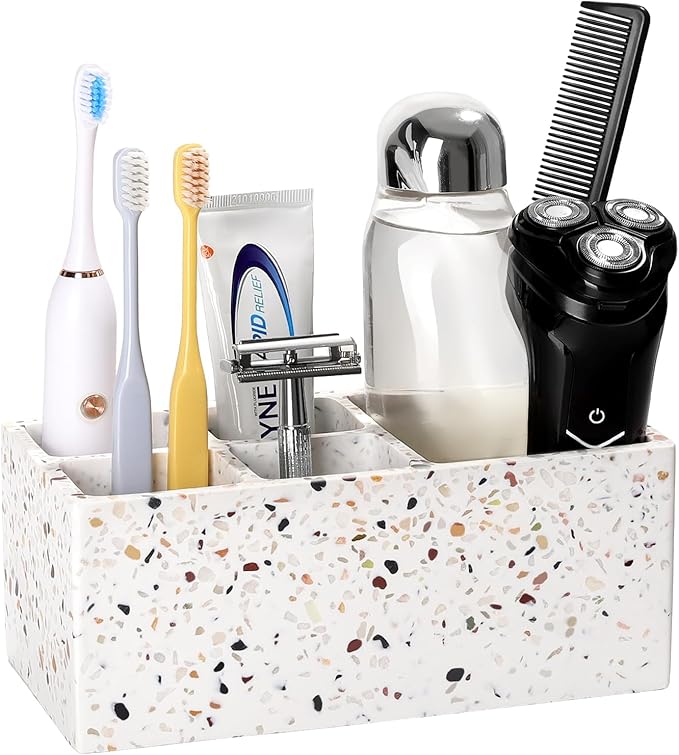Luxspire Toothbrush Holder for Bathroom, 5 Slots Bathroom Counter Organizer Toothbrush and Toothpaste Holder, Bathroom Accessories for Restroom Bathroom, Terrazzo-Ruum Studio Home