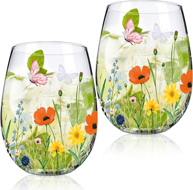 Sliner 2 Pack 17oz Wildflower Stemless Wine Glasses Floral Butterfly Drinking Glasses Spring Flowers Tumbler Cups for Graduation Wedding Mother's Day Birthday Drinking Party Favors-Ruum Studio Home