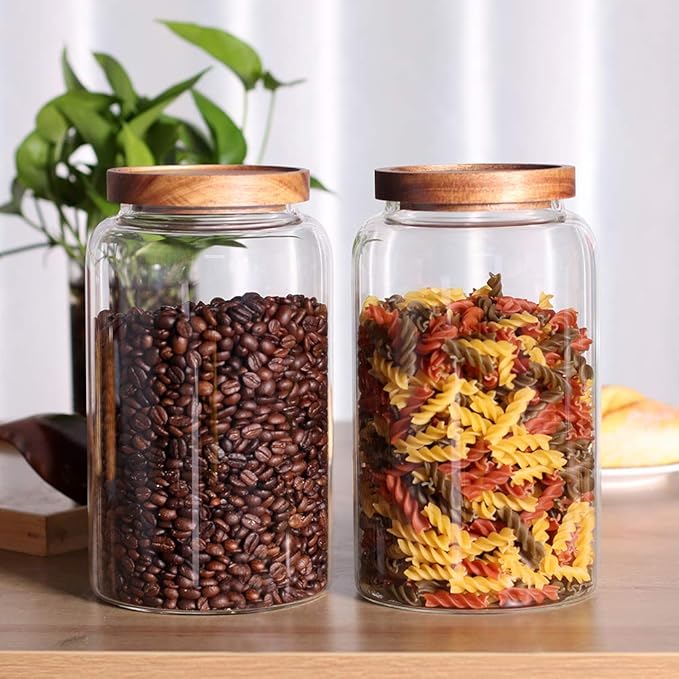 Large Glass Jar with Airtight Lid Set of 2 93 FL OZ(2750ml) glass canister set, Glass Food Containers Wooden Lid Suit for Kitchen Pantry for Flour, Tea, Coffee Beans, Sugar, Cookies(8.8 inch high)-Ruum Studio Home