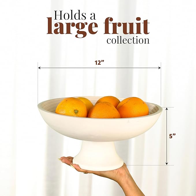 Folkulture Wooden Fruit Bowl for Kitchen Counter | 12" Large Premium Eco Friendly Banana Fruit Basket for Kitchen | White Wood Bowl with Holder, Pedestal for Table Decor, Centerpiece for Dining Table-Ruum Studio Home