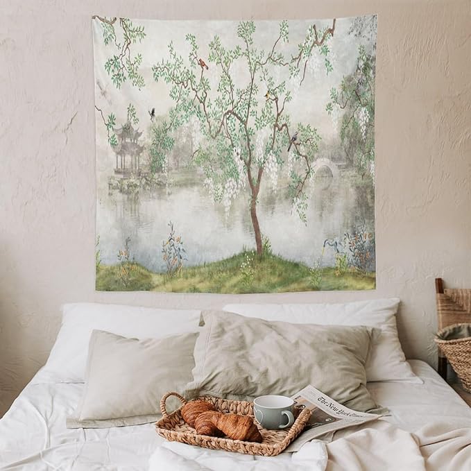 HZOHNAGO Japanese Tapestry Tree Misty Garden Lake Printed Wall Tapestry Ink Painting Wall Hanging for Bedroom Living Room Dorm 60" W x 60" H-Ruum Studio Home