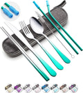 Travel Utensils Set with Case Reusable Portable Cutlery Set Stainless Steel 8pcs Including Dinner Knife Fork Spoon Chopsticks straws(Gradient Green)-Ruum Studio Home