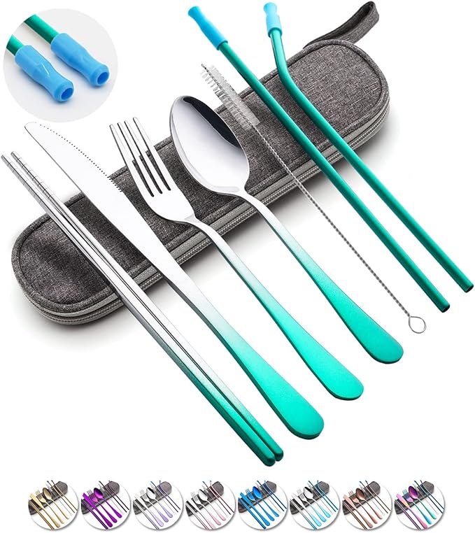Travel Utensils Set with Case Reusable Portable Cutlery Set Stainless Steel 8pcs Including Dinner Knife Fork Spoon Chopsticks straws(Gradient Green)-Ruum Studio Home