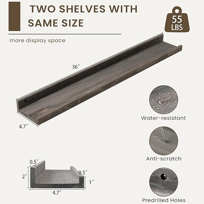 Floating Shelves for Wall, Picture Ledge Shelf 36 Inch Solid Wood Set of 2, Rustic Wall Shelves with Lip, Kids Bookshelf, Photo & Picture Live Edge Floating Shelves for Bedroom, Living Room, Kitchen-Ruum Studio Home