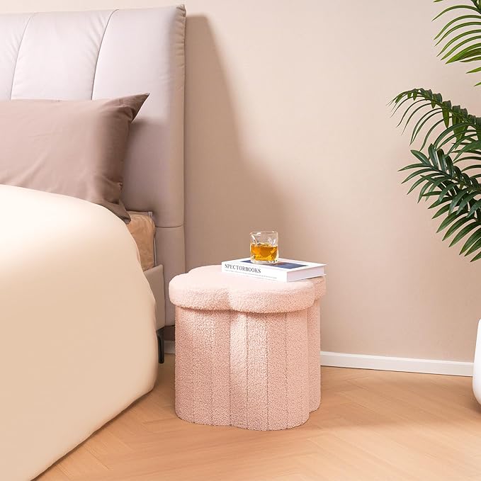 B FSOBEIIALEO Storage Ottoman Cube, Flowers Shaped Ottomans with Storage Foot Stool Footrest, Boucle Ottoman Seat for Dorm Room, Faux Teddy Fur, Pink 15"x15"x15"-Ruum Studio Home