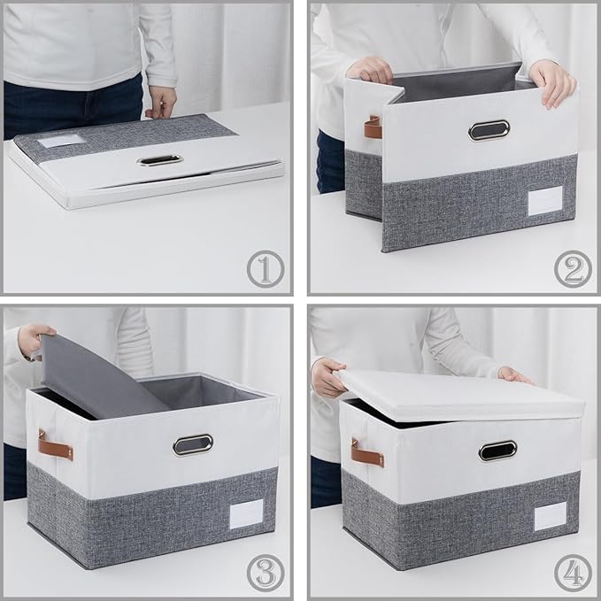 PRANDOM Foldable Storage Bins with Lids [3-Pack] Fabric Collapsible Storage Boxes Baskets Cubes Containers with Handles for Closet Living Room Bedroom (Grey & White 17.7x11.8x11.8'')-Ruum Studio Home