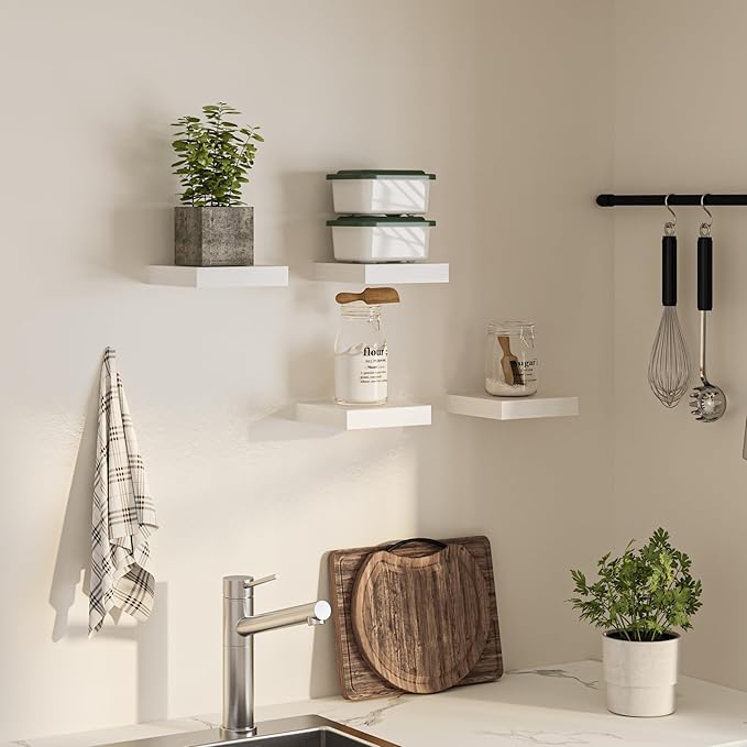 Square Floating Shelves for Wall, 8" W x 8" D x 1.2" H, Small Wooden Wall Mounted Display Shelves with Invisible Brackets for Living Room, Bedroom, Bathroom, Kitchen Decor, Set of 4, White-Ruum Studio Home
