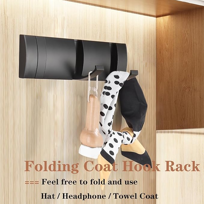 Folding Coat Hooks, Wall Mounted Coat Rack with 3 Retractable Hooks, Heavy Duty Towel Rack for Bathroom Wall Hook for Hanging Clothes Bathrobe, Stainless Steel Coat Hanger for Entryway(Black)-Ruum Studio Home