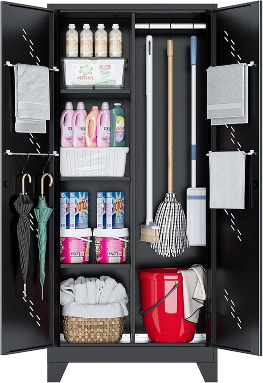 71'' Metal Storage Cabinet with Doors, Multifunctional Bathroom/Garage Lockable Steel Cabinet, Broom Closet Storage with Hanging Rod (Style-1)-Ruum Studio Home