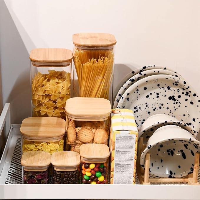 Glass Food Storage Jars Square 37oz, 4 Pack Glass Jars With Bamboo Lids, Kitchen Storage Containers For Spice, Candy, Cookie, Storage For Pantry Organizers-Ruum Studio Home