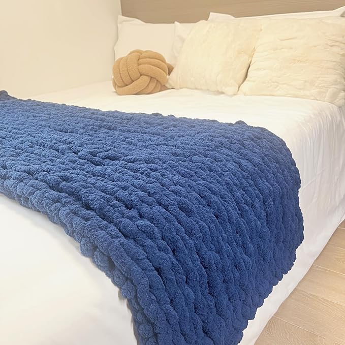 Chunky Knit Blanket Throw 40"x60", Chenille Throw Blankets, Handmade Warm & Cozy Blanket Couch Bed Home Decor, Soft Breathable Fleece Banket, Christmas for Couch Bed Sofa Best Gift (Navy Blue)-Ruum Studio Home