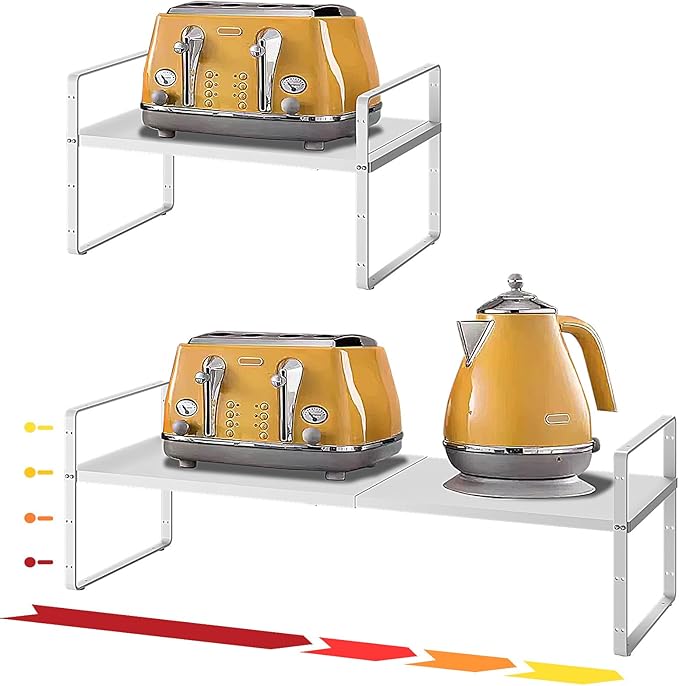 16.5~27.1" Expandable Shelf Organizer, 1Pack 8.1" Wide Stackable Cabinet Shelf Organizers, White Metal Sturdy Kitchen Counter Storage for Countertop, Adjustable Height Spice Rack-Ruum Studio Home