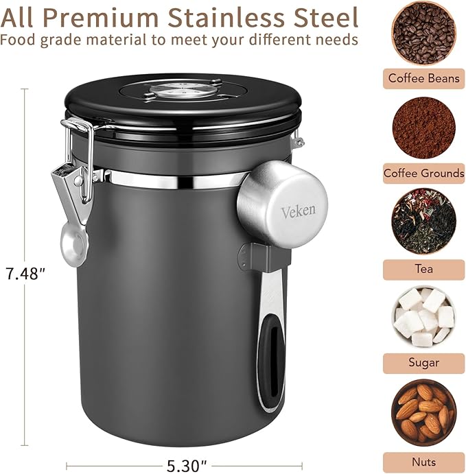 Veken Coffee Canister, Airtight Stainless Steel Kitchen Food Storage Container with Date Tracker and Scoop for Grounds Coffee, Beans, Tea, Flour, Cereal, Sugar, Cookies Jars, 22OZ Gray-Ruum Studio Home
